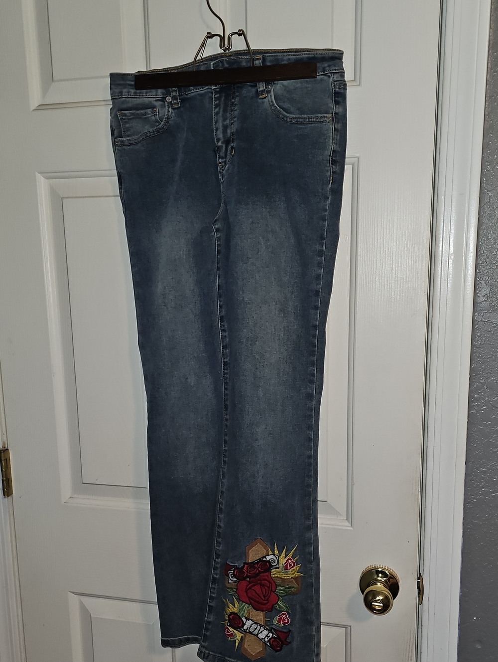 Ashley Mason Dark Blue Flare Jeans with Embroidered Floral Hem